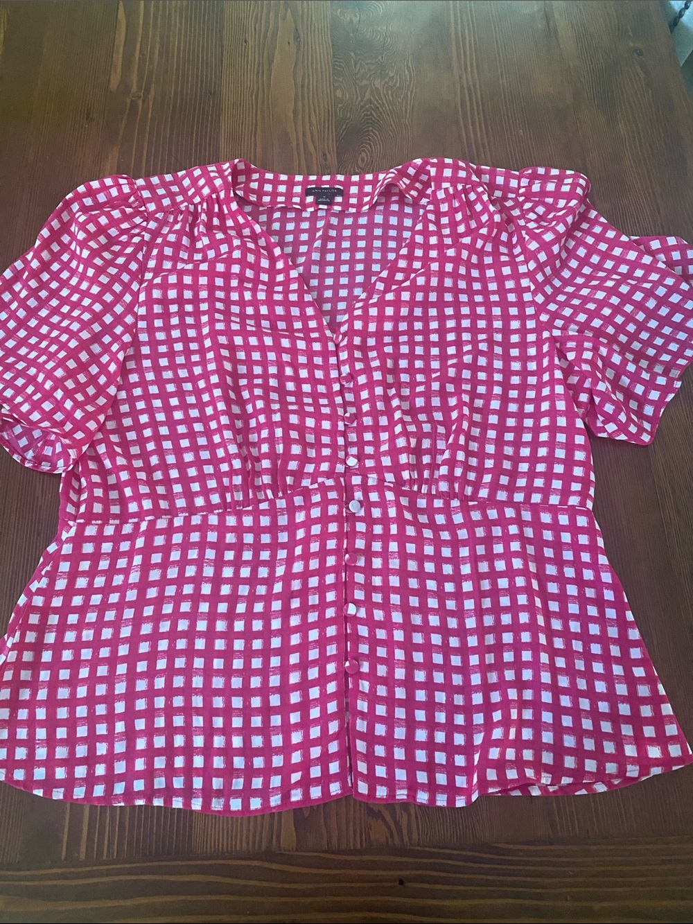 Ann Taylor Pink and White Checked Short-Sleeve Button Blouse